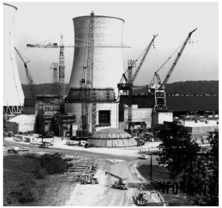 Numerous cranes helped complete construction of the Watts Bar Nuclear Plant Unit 1 containment building in front of the plant’s cooling towers in 1977.